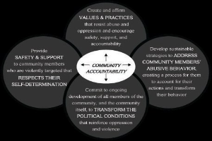 Ein Diagramm mit der Bezeichnung "Community Accountability" mit einem zentralen Kreis, der durch Pfeile mit drei überlappenden Kreisen verbunden ist, alles in fetter, leuchtender Farbe.