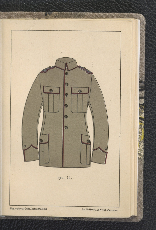 Offenes Buch mit einer Zeichnung einer Militäruniform mit einem Hemd, Kragen, langen Ärmeln, Gürtel und Schnalle, betitelt mit "Militäruniform".