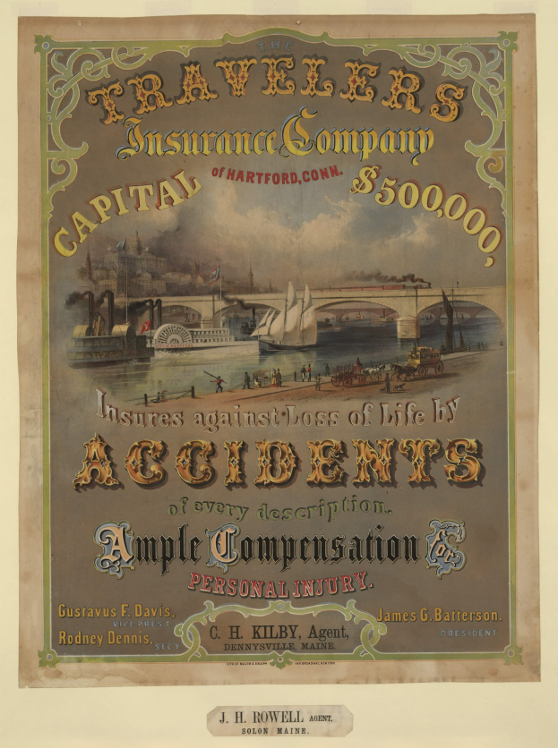 Werbeplakat für die Traveler's Insurance Company of Hartford, Connecticut, mit Booten, einer Brücke und Gebäuden, das Reiseversicherungsdienstleistungen anbietet.