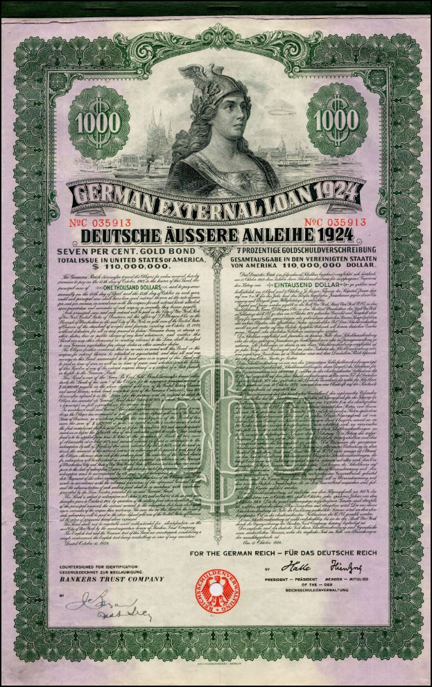 Altes deutsches Auslandsschuldschein-Dokument aus dem Jahr 1924 mit einem Porträt einer Frau, bedruckt mit Text und numerischer Bezeichnungen.