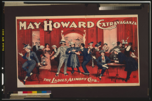 Plakat für das May Howard Extravaganza im Ladies Alimony Club, das eine Gruppe von Menschen um Tische zeigt.