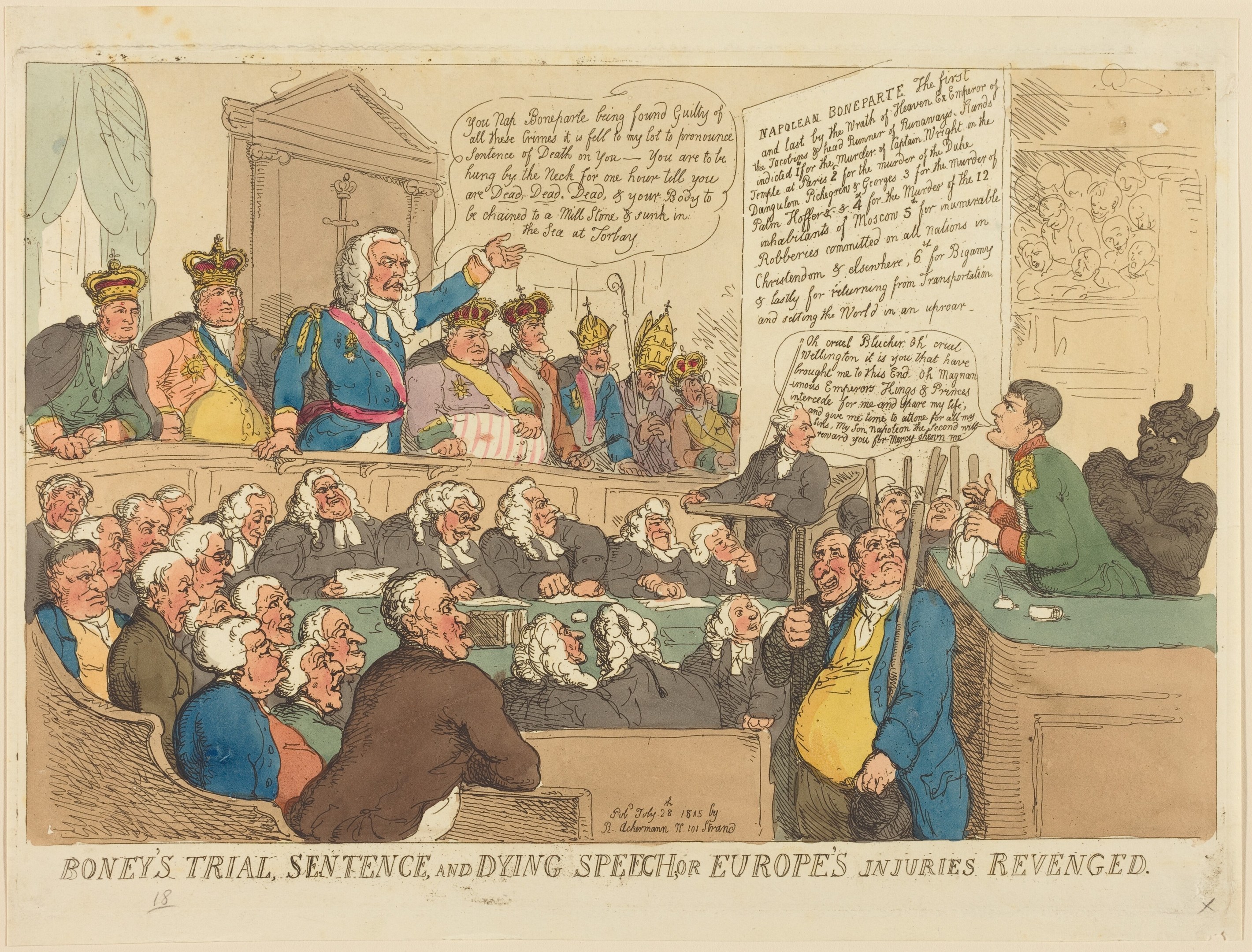 Cartoon-Vorstellung einer Gerichtsszene mit einem zentralen stehenden Mann, einem Tisch mit Gegenständen auf der rechten Seite und dem Text "Boney's Trial, Sentence, and Dying Speech Europe's Injuries Revenged" unten.