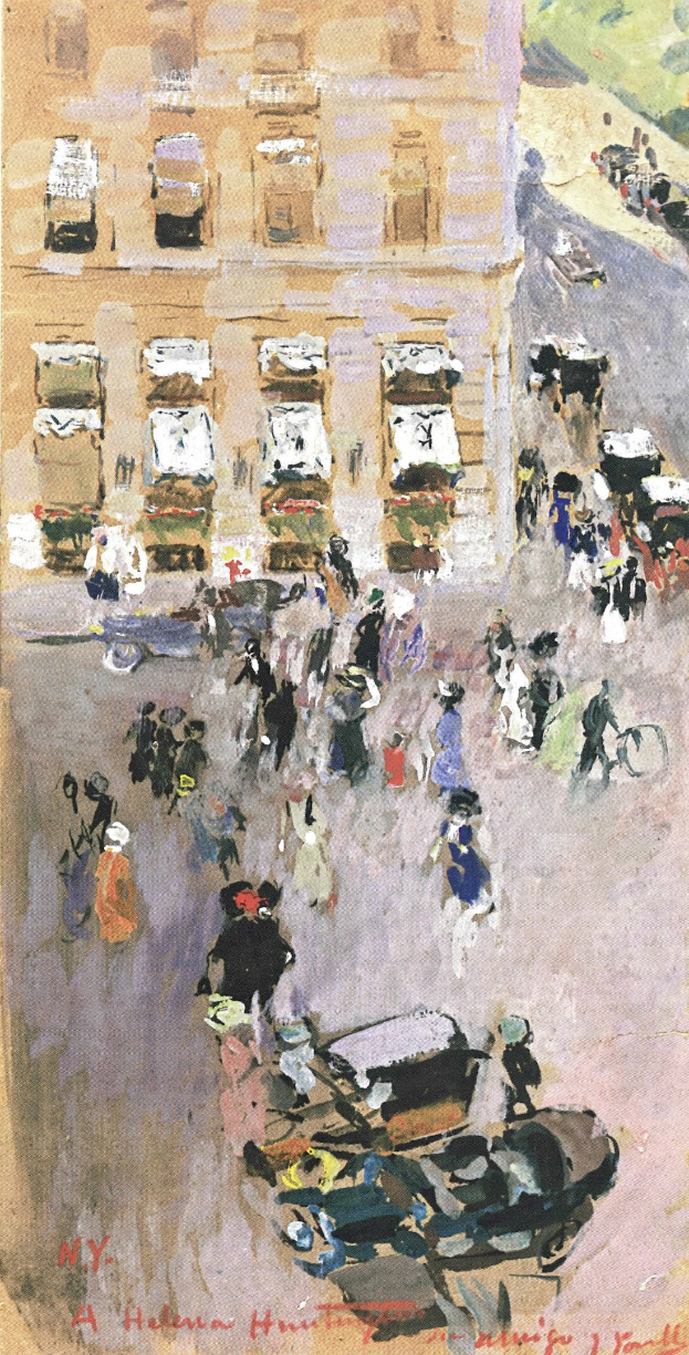 Gemälde einer belebten New York City Straße mit Fußgängern, Fahrzeugen, einem Gebäude im Hintergrund und Text unten.