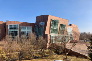 Großes mehrstöckiges Gebäude mit zahlreichen Fenstern, umgeben von Bäumen, Bänken, Gras und einem Lichtmast, mit anderen Gebäuden und einem klaren blauen Himmel im Hintergrund.