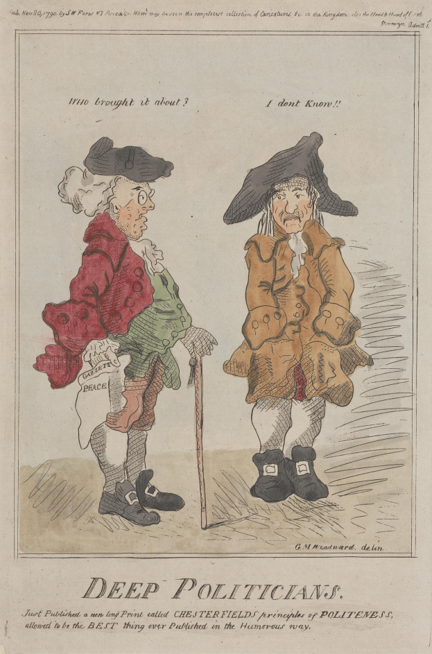 Zwei Politiker, einer in rot und einer in braun, stehen nebeneinander auf einem Blatt Papier mit Text.