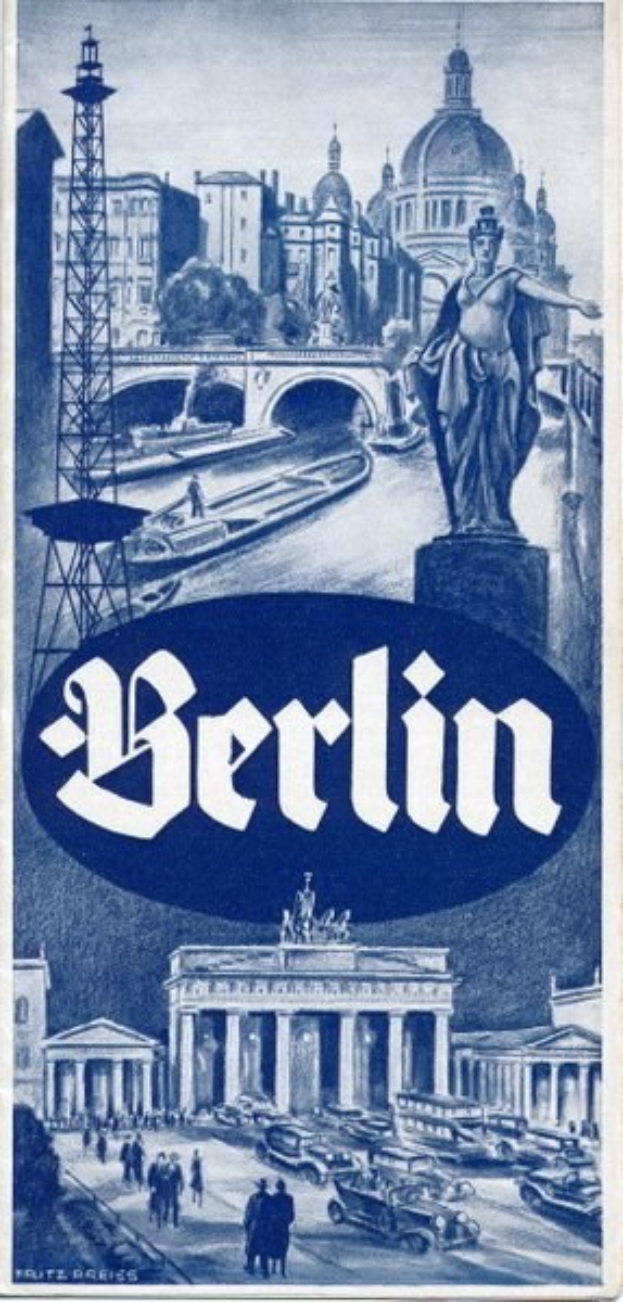 Plakat wirbt für Berlin, Deutschland, mit einer Statue, Gebäuden, einem Turm, Menschen, Fahrzeugen auf der Straße, einer Brücke und Text, der Informationen über die Stadt enthält.