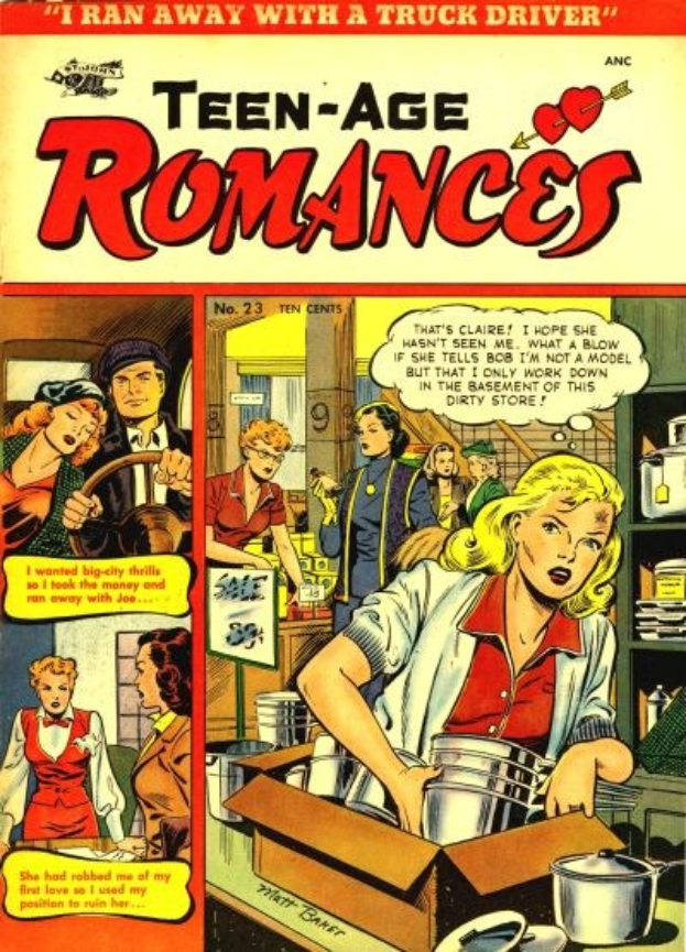 Ein leuchtendes Comic-Poster mit dem Titel "Teen-Age Romances 23-A von DC", das eine Gruppe von Menschen in einer fröhlichen, romantischen Umarmung zeigt, mit fetter Schrift und leuchtenden Farben.