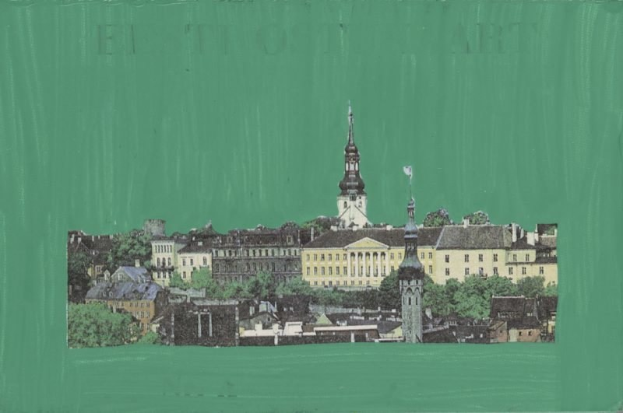 Bild eines Stadtpanoramas mit grünem Hintergrund, das Gebäude und Bäume zeigt.