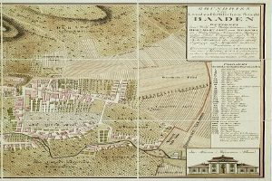 Ein detailliertes altes Stadtplan von Baden-W├╝rttemberg, Deutschland, der Stra├čen, Geb├Ąude und Landmarken zeigt, mit einem Geb├Ąude in der rechten unteren Ecke und Text, der Stadtinformationen bereitstellt.