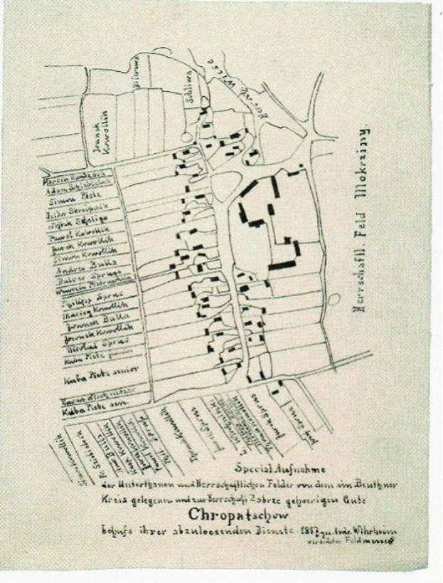Ausführliche alte Karte von Chropatschow, Deutschland, zeigt Straßen, Gebäude, Sehenswürdigkeiten und Text mit zusätzlicher Stadtinformation.