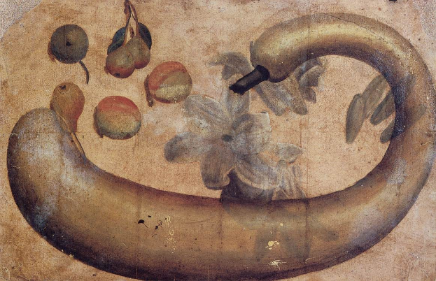 Gemälde einer Banane mit einer Blume darauf, umgeben von verschiedenen Früchten und Blättern auf einem Papierstück mit leuchtenden Farben und deutlichen Details.