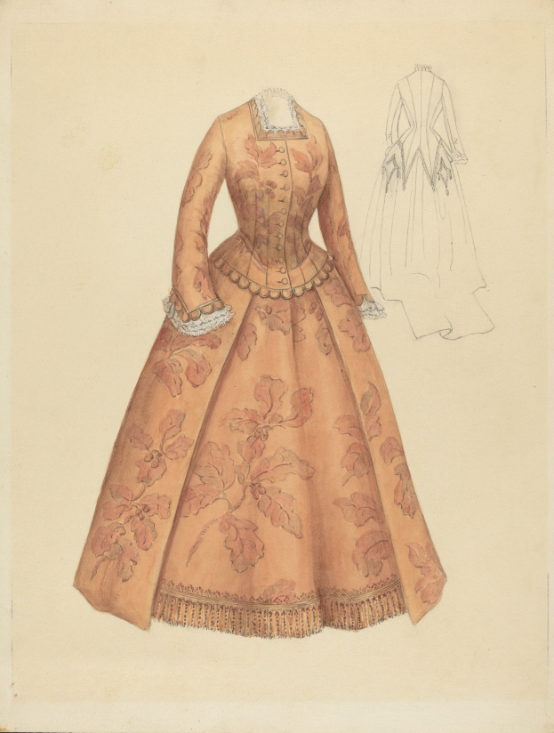 Ausführliches 18. Jahrhundert Kostümdesign-Zeichnung eines bodenlangen Kleides mit hohem Kragen, floral gemustertem Oberteil in Rosa, Lila und Blau und einer Spitzenbesetzten Röcke.