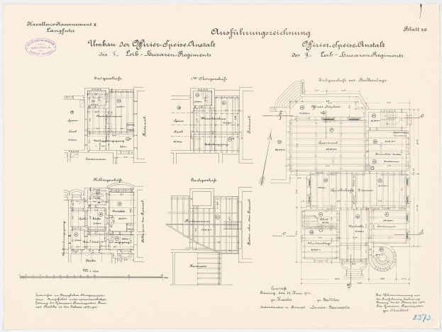 Schwarz-weißer Architekturentwurf des ehemaligen Bundeskanzleramts, detaillierte Raumaufteilung und Abmessungen.