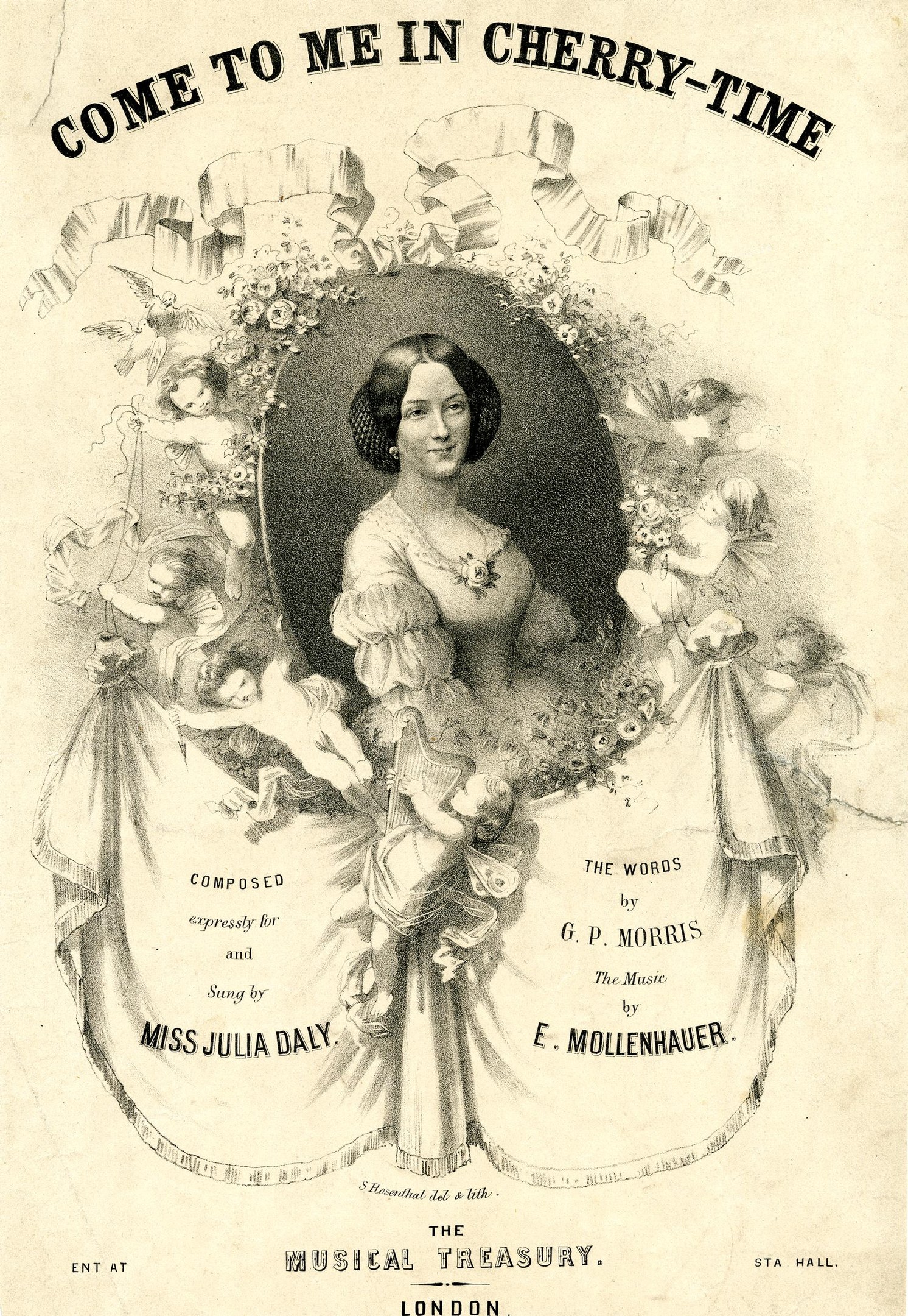 Ein Plakat mit einer Frau in einem weißen Kleid mit einer blauen Schärpe, die warm lächelt, mit ihrem Haar zu einem Knoten gebunden, umgeben von dem Text "Komm zu mir in Kirschzeit" in Kursivschrift auf einem hellrosa Hintergrund.