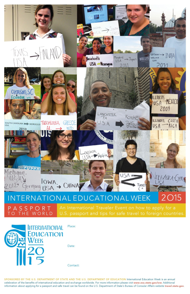 Internationaler Bildungswoche 2015 Plakat mit einer vielseitigen Gruppe von Menschen, die lächeln und Schilder halten, mit Ereignisinformationstext.