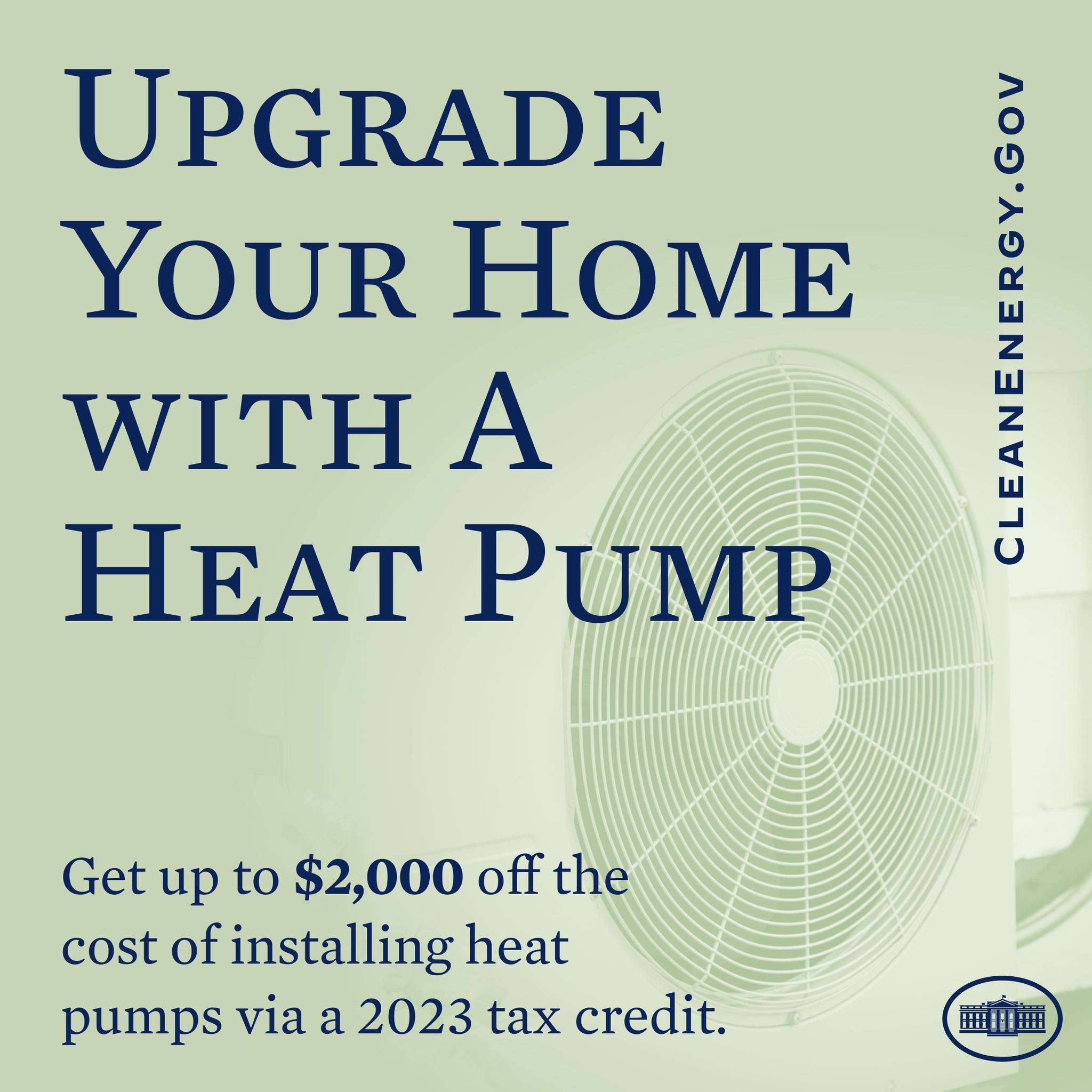 Plakat für die Modernisierung der Heizung zu Hause mit einem Bild einer Wärmpumpe und dem Text "Upgrade Your Home with a Heat Pump."