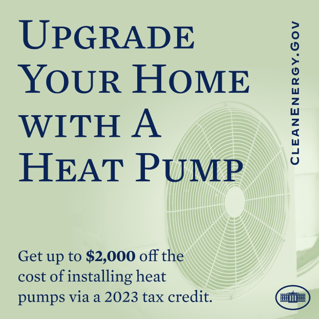 Plakat für die Modernisierung der Heizung zu Hause mit einem Bild einer Wärmpumpe und dem Text "Upgrade Your Home with a Heat Pump."