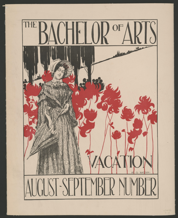 Plakat mit schwarzem Hintergrund, das eine Frau in einem weißen Kleid mit blauer Stola und weißem Hut zeigt, die in einem Feld gelber Blumen unter einem blauen Himmel steht, Text lautet "Der Bachelor of Arts Urlaub August-September Nummer" in weißer Schrift mit goldenem Rahmen.