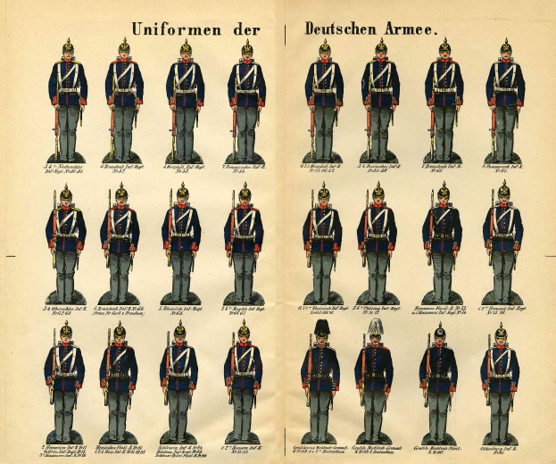 Ein Buch, das ein Raster verschiedener deutscher Armeeuniformen mit unterschiedlichen Designs und Farbschemata zeigt, begleitet von beschreibendem Text.