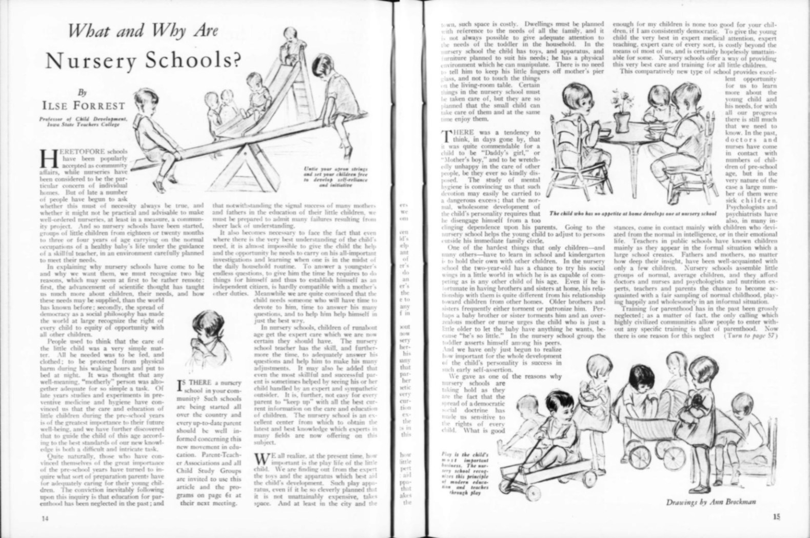 Offenes Buch mit Illustrationen von spielenden Kindern in einer Kita, einschließlich Text und einer Tabelle mit Gegenständen.