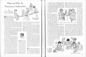 Offenes Buch mit Illustrationen von spielenden Kindern in einer Kita, einschließlich Text und einer Tabelle mit Gegenständen.