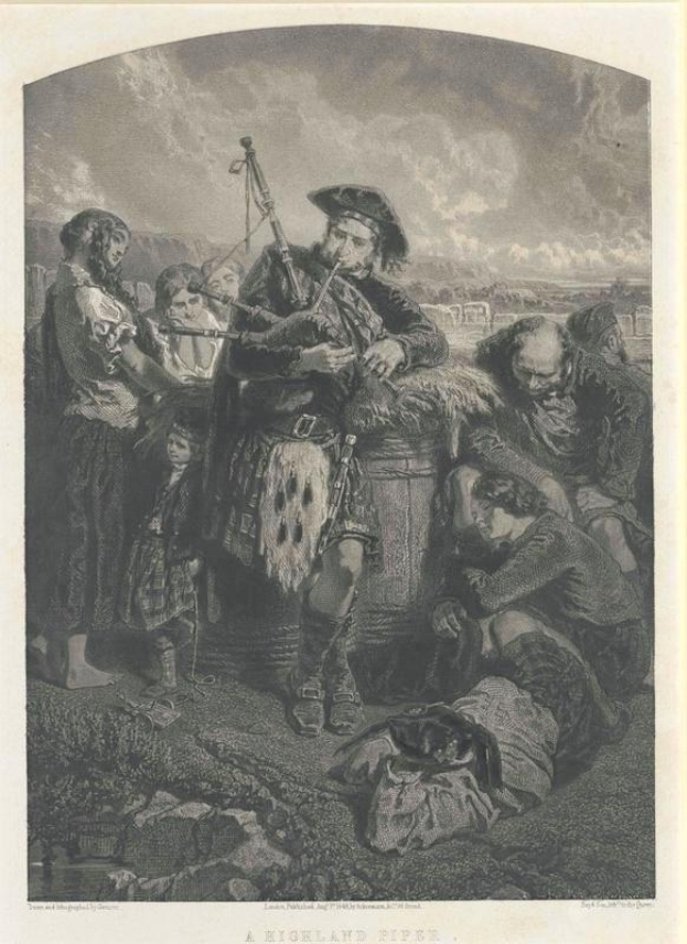 Schwarze und weiße Gravur eines Mannes, der eine Dudelsackpfeife vor einer Gruppe von Menschen unter einem bewölkten Himmel spielt, mit dem Text "A Highland Pipe" unten.