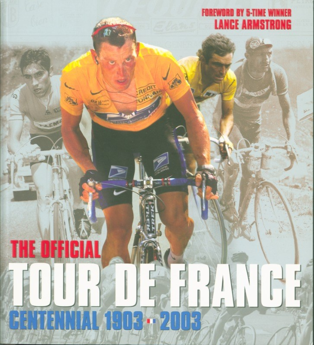 Offizielles Tour-de-France-Jubiläumsplakat (1903–2003) mit einer Gruppe fahrender Radfahrer und begleitendem Text.
