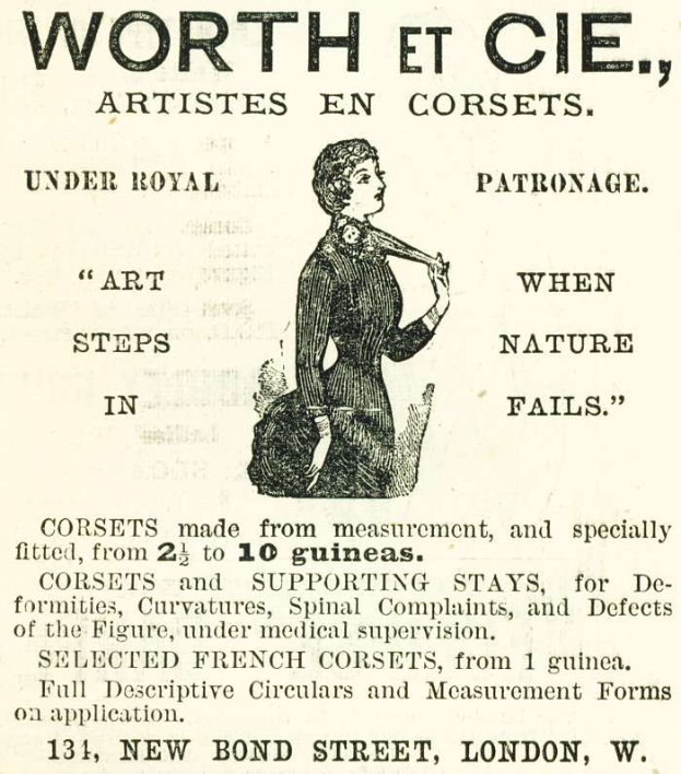 Werbung für "Worth et Cie, Artists en Corsets" mit einer Frau in einem hochgeschlossenen, langärmligen Kleid mit einem Dutt, vor einem hellblauen Hintergrund.