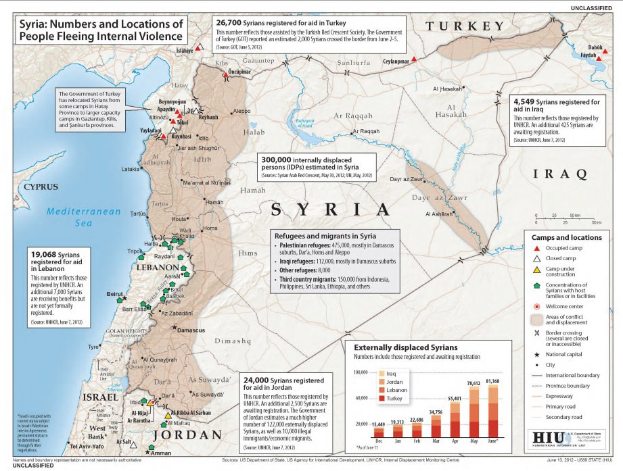 Plakat mit einer Karte von Syrien, das die Binnendifferenzierung durch Gewalt zeigt, begleitet von Text und Grafiken, die die Situation darlegen.