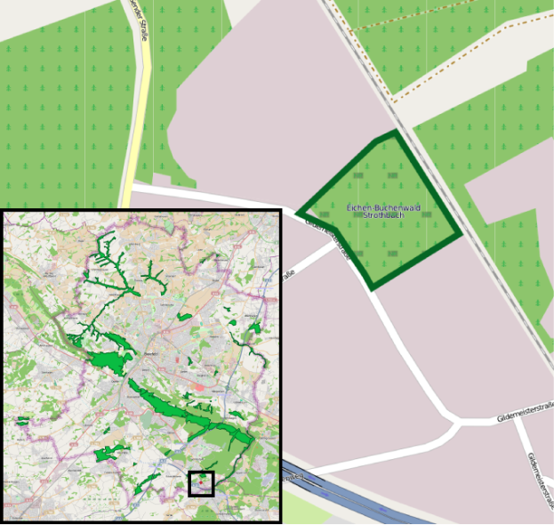 Eine Karte von Stuttgart, Deutschland, in zwei Teilen mit Text oben und unten, die eine geplante Standortmarkierung hervorhebt.