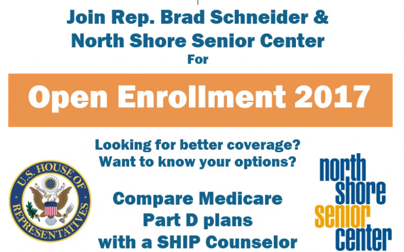 Plakat für eine Anmeldeveranstaltung mit Rep. Brad Schneider und North Shore Senior Center, das Details und ein Logo zeigt.