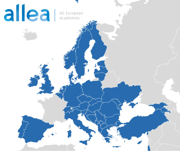 Eine Europakarte mit allen europäischen Akademien in Blau hervorgehoben und dem Text "Allea All European Academies" angezeigt.