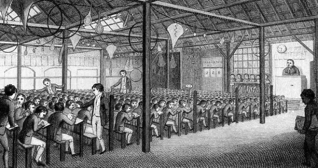 A black and white drawing of a classroom with people sitting and standing, featuring poles, lights, a wall clock, and other objects, with the text "The School of Economics, London, England" at the bottom.