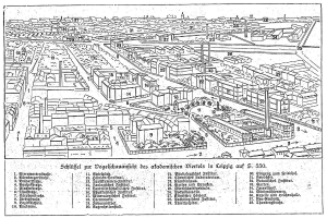 Schwarz-weißer Architekturplan einer Stadt mit dichtem Gebäudebestand, Bäumen und Strommasten, untertitelt mit "Künstler's plan of Berlin" unten.