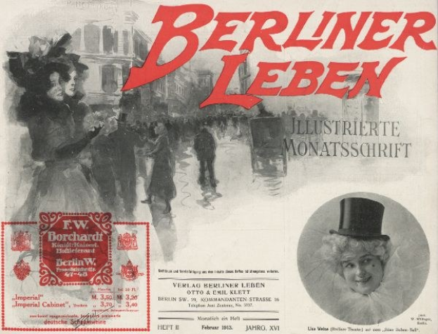 Werbung für das Berliner Leben Theater mit einer Frau im Zylinder und einem Mann im Anzug, mit Text, einem Stempel, Menschen und Gebäuden im Hintergrund.