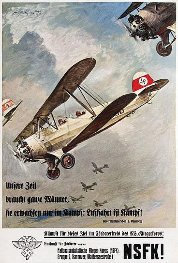 Deutsches Weltkriegs-Propagandaplakat, das eine Formation von Kampfflugzeugen im Flug zeigt.