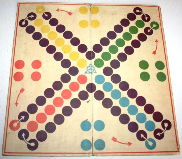 Alte Backgammon-Platte mit farbigen Kreisen, die in einem kreisförmigen Muster angeordnet sind und Pfeile in verschiedene Richtungen zeigen, vor einem weißen Hintergrund.