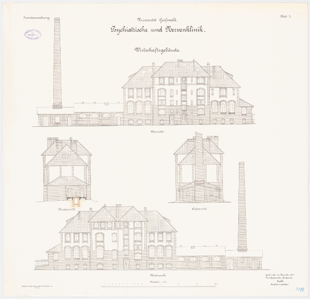 Eine Zeichnung eines mehrstöckigen Gebäudes mit zahlreichen Fenstern und einem zentralen Schornstein, das als psychiatrische Klinik in Deutschland bezeichnet wird, mit handgeschriebener Text auf dem Papier.