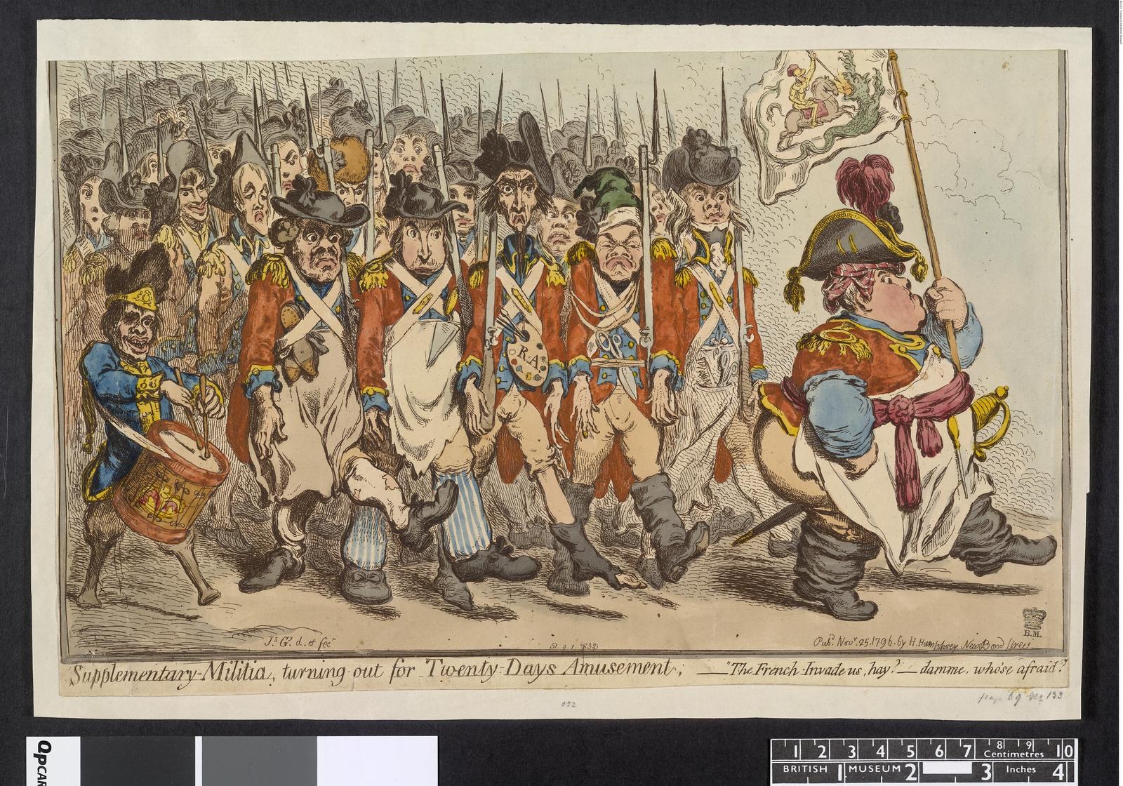 Gruppe von Männern in Militäruniformen marschiert auf einer Straße, einer hält einen Stock in der Hand, mit Text unten: 'Ergänzender Militärdienst, Ausmarsch für zwanzig Tage Vergnügen'.