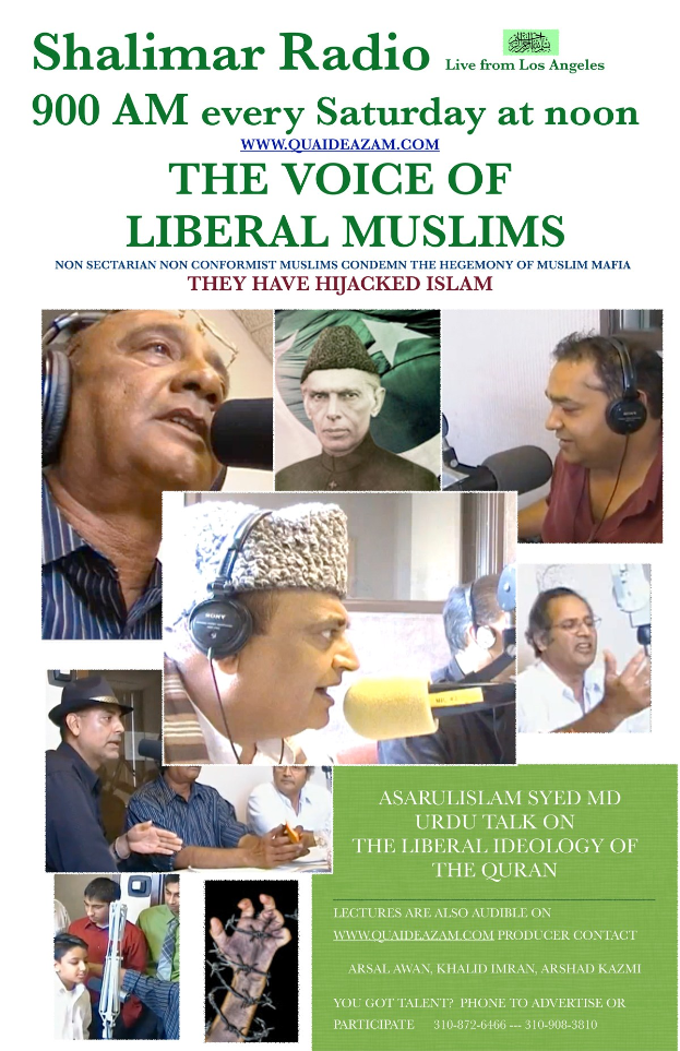 Plakat, das die Radiosendung "Die Stimme der liberalen Muslime" bewirbt, zeigt Bilder von Menschen mit Kopfhörern und Mikrofonen in einem Gespräch.