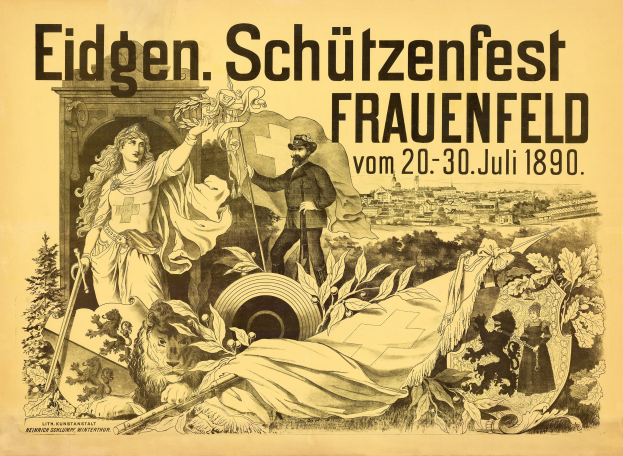 Plakat für das Eidgen Schützenfest in Frauenfeld, Deutschland, mit einem Mann im Anzug und einer Frau im Kleid nebeneinanderstehend und Ereignisinformationen im Text.