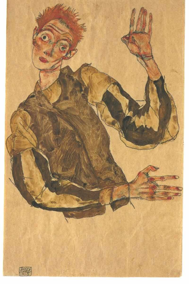 Ein Selbstbildnis eines Mannes mit ausgestreckten Händen, gemalt von Egon Schiele, im realistischen Stil mit gedämpften, erdigen Farben, das ihn mit einem nachdenklichen Ausdruck, geschlossenen Augen und leicht geöffneten Lippen zeigt.