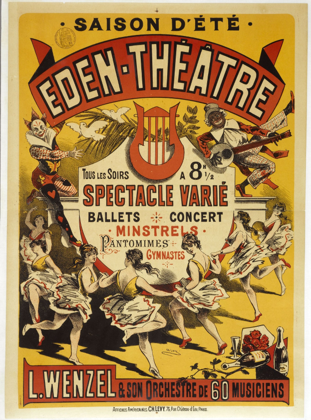 Plakat für das Eden Theatre in Paris mit einer Gruppe tanzender Menschen in einem Kreis unter fettem 'Eden Theatre'-Schriftzug auf einem leuchtend gelben Hintergrund.