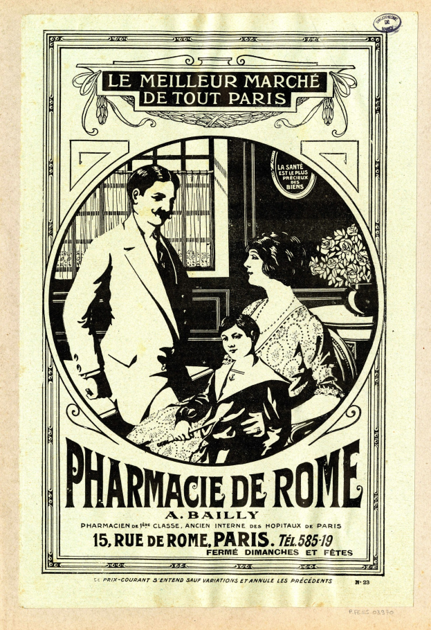 Schwarz-weiß-Anzeige für eine Apotheke in Rom mit einem Mann und einer Frau nebeneinanderstehend, mit Text, der das Geschäft und die Dienstleistungen beschreibt.