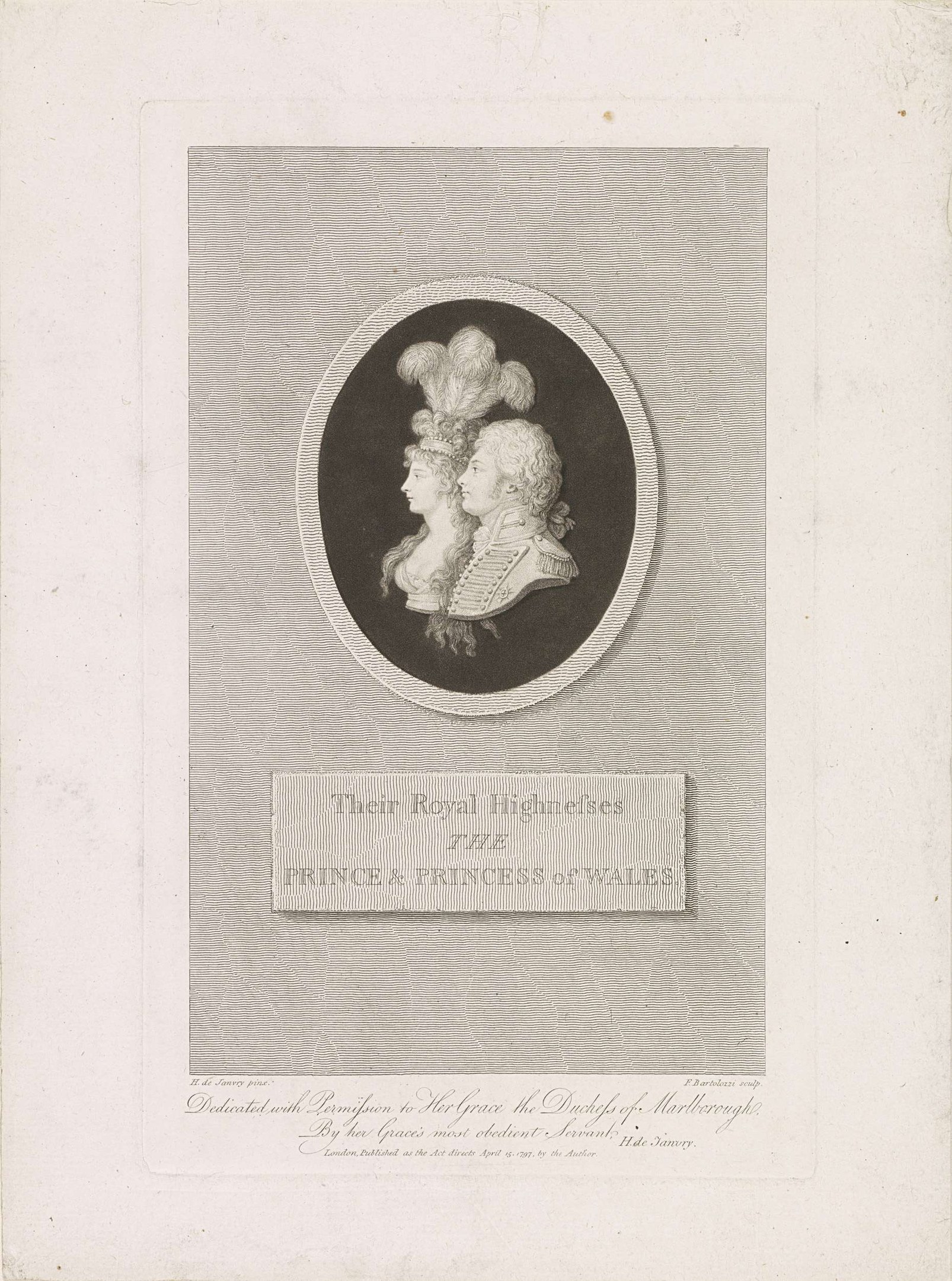 Schwarzes-weißes Bild einer Zeitung mit einem Foto des Prinzen und der Prinzessin von Wales sowie Text.