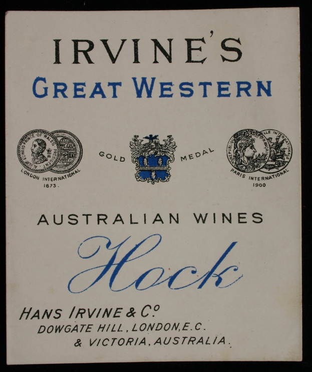 Plakat, das Irvines großartige australische Weine bewirbt, mit dem Text und Logos der Firma.