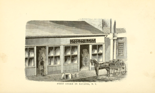 Ein schwarz-weißes Pferd steht neben einer Kutsche, die vor einem Supermarkt geparkt ist, mit einer Person in der Nähe und verstreuten Gegenständen in der Szene; Text erscheint unten.