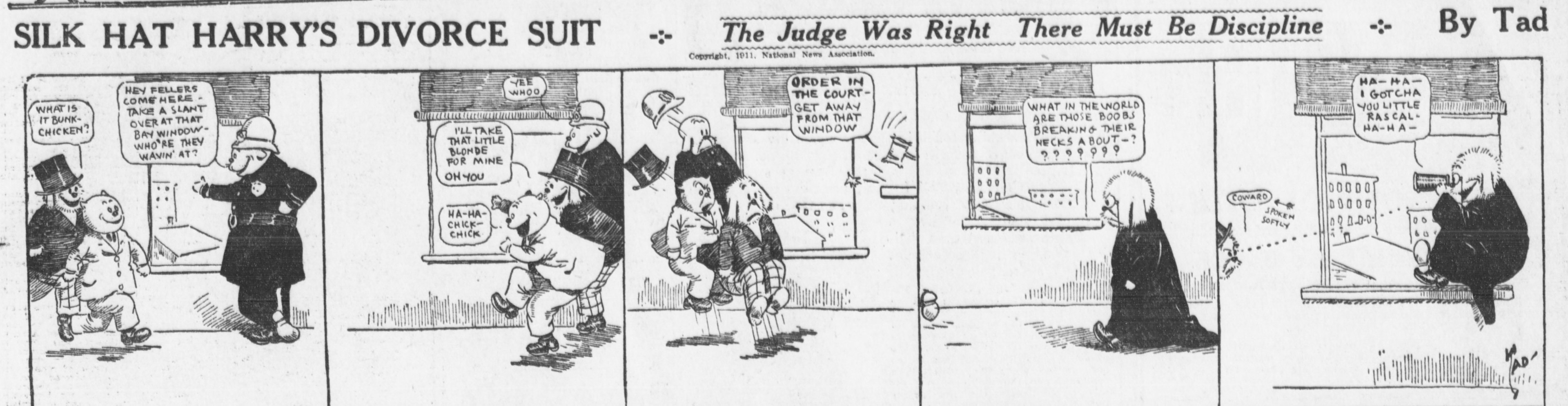 Cartoon-Illustration eines Mannes in einem schwarzen Anzug mit weißem Hemd und schwarzer Krawatte und einer Frau in einem eleganten Kleid mit schwarzer Stola, beide mit ernsten Gesichtern, beschriftet mit "Scheidungsklage."