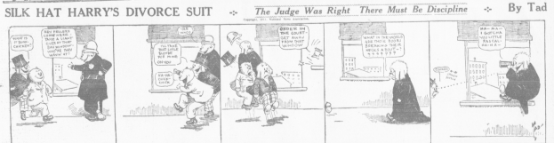 Cartoon-Illustration eines Mannes in einem schwarzen Anzug mit weißem Hemd und schwarzer Krawatte und einer Frau in einem eleganten Kleid mit schwarzer Stola, beide mit ernsten Gesichtern, beschriftet mit "Scheidungsklage."