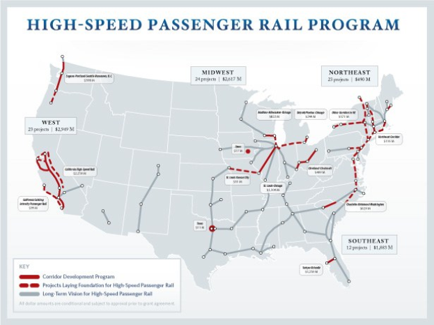 Ein Plakat mit einem detaillierten Kartenbild des U.S.-Hochgeschwindigkeits-Personenverkehrsprogramms, einschließlich Routen und wichtiger Standorte, mit erklärendem Text zum Programm.